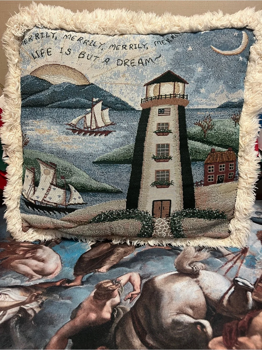 Nautical Lighthouse Tapestry Pillow in Blue and Cream